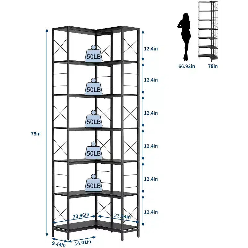 Libreria angolare a 7 ripiani, libreria aperta a L da 78H con struttura in metallo, scaffale portaoggetti aperto autoportante per camera da letto, soggiorno, ufficio