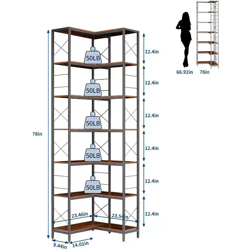Libreria angolare a 7 ripiani, libreria aperta a L da 78H con struttura in metallo, scaffale portaoggetti aperto autoportante per camera da letto, soggiorno, ufficio