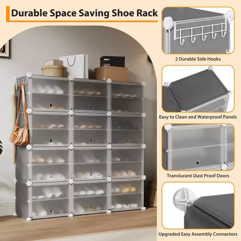 Scarpiera a 8 Ripiani a Tripla Colonna con Ganci, Scaffale Organizzatore di Calzature Extra Large a 24 Scomparti Autoportante per Guardaroba e Ingresso di Famiglia, Nero