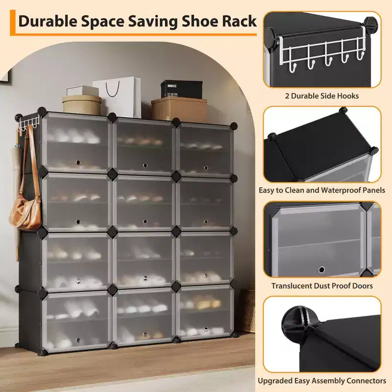 Scarpiera a 8 Ripiani a Tripla Colonna con Ganci, Scaffale Organizzatore di Calzature Extra Large a 24 Scomparti Autoportante per Guardaroba e Ingresso di Famiglia, Nero