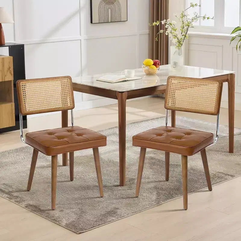 Set of 2 Mid-Century Rattan Dining Chairs  Upholstered Linen/Soft Seat, Solidified Wood & Metal Frame, Cane Back  Kitchen, Dining Room