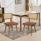 Set of 2 Mid-Century Rattan Dining Chairs  Upholstered Linen/Soft Seat, Solidified Wood & Metal Frame, Cane Back  Kitchen, Dining Room