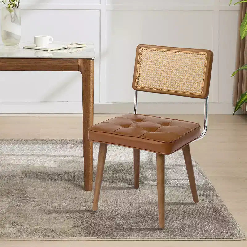 Set di 2 sedie da pranzo in rattan di metà secolo con seduta imbottita in lino/morbida, telaio in legno massiccio e metallo, schienale in canna - Cucina, sala da pranzo