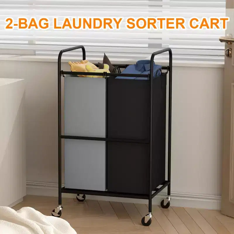 Carrello portabiancheria con 2 sacche, 80L, con ruote bloccabili. Grande cesto organizer a 2 scomparti per vestiti sporchi e giocattoli