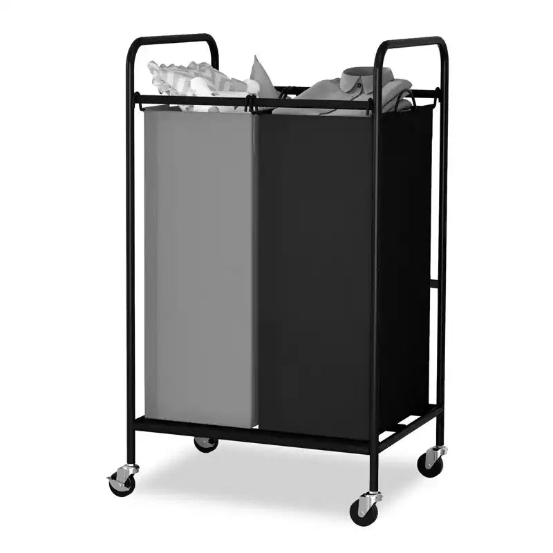 Carrello portabiancheria con 2 sacche, 80L, con ruote bloccabili. Grande cesto organizer a 2 scomparti per vestiti sporchi e giocattoli