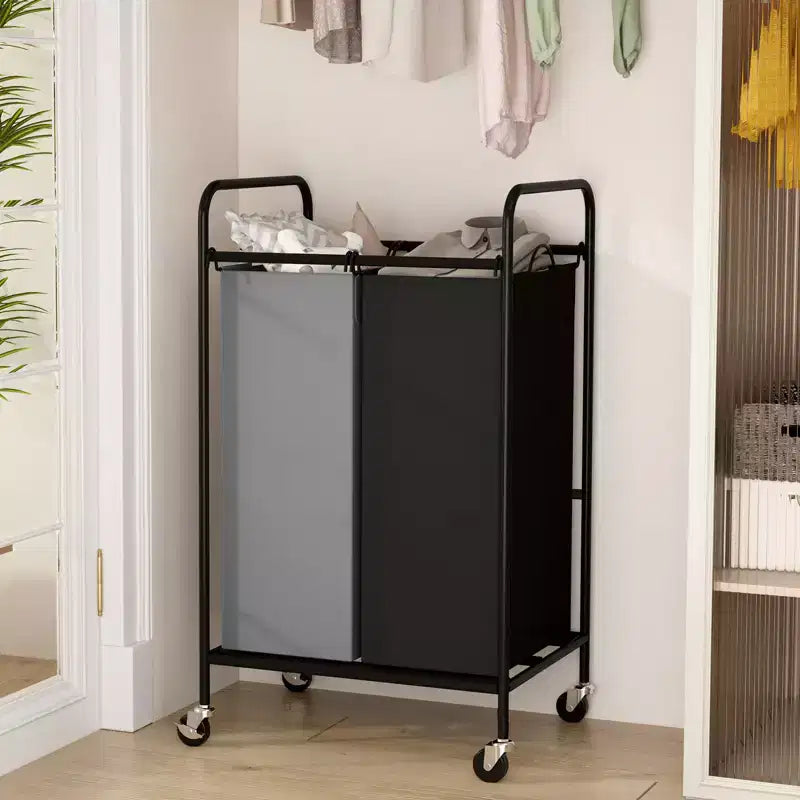 Carrello portabiancheria con 2 sacche, 80L, con ruote bloccabili. Grande cesto organizer a 2 scomparti per vestiti sporchi e giocattoli