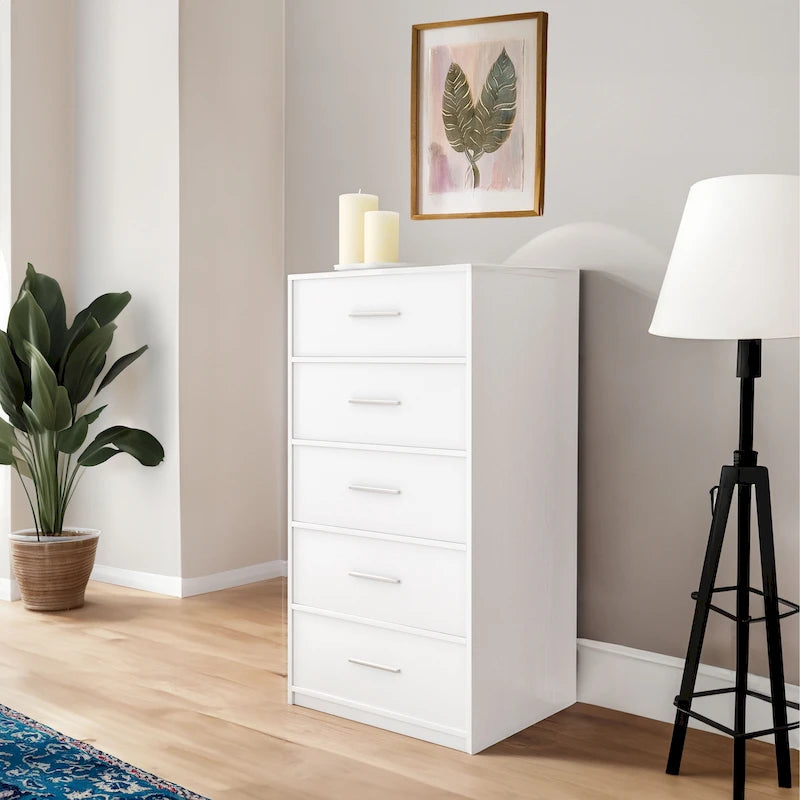 Comodino moderno a 5 cassetti in tessuto con struttura in MDF – Nero/Bianco, singolo