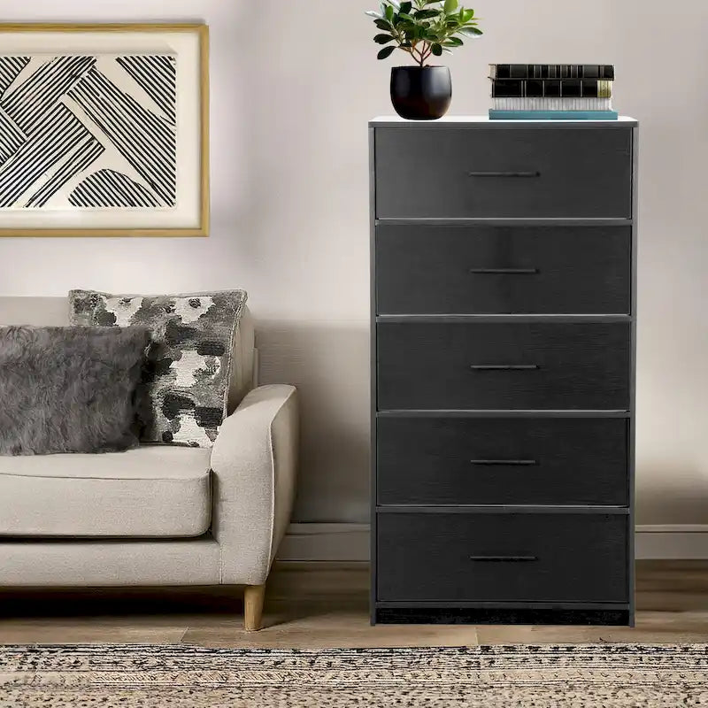 Comodino moderno a 5 cassetti in tessuto con struttura in MDF – Nero/Bianco, singolo