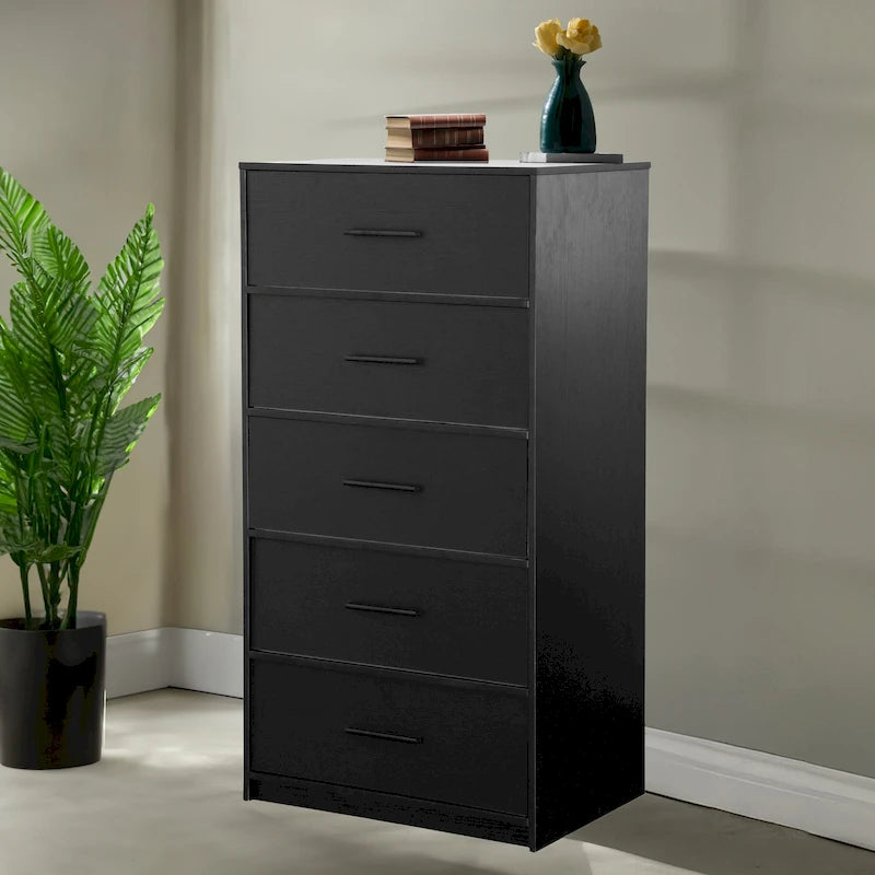 Comodino moderno a 5 cassetti in tessuto con struttura in MDF – Nero/Bianco, singolo