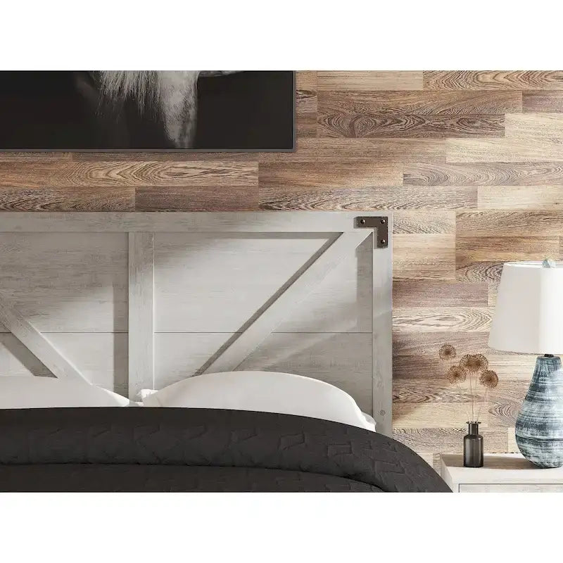 Testiera a pannelli a croce Modern Farmhouse con finitura effetto rovere – Grigio chiaro, Matrimoniale / Queen