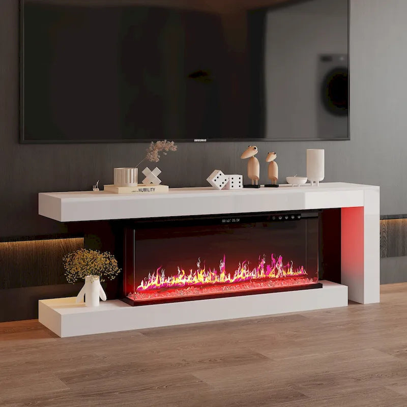 Mobile TV con caminetto elettrico con effetti fiamma a 12 colori e telecomando – Bianco, singolo