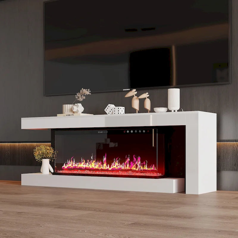 Mobile TV con caminetto elettrico con effetti fiamma a 12 colori e telecomando – Bianco, singolo