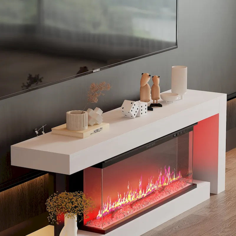 Mobile TV con caminetto elettrico con effetti fiamma a 12 colori e telecomando – Bianco, singolo