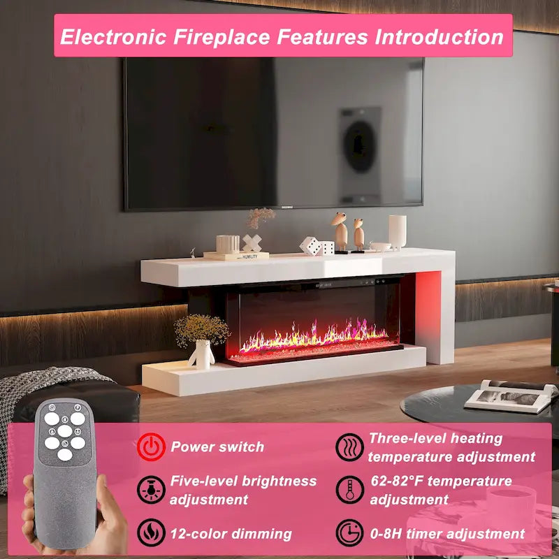 Mobile TV con caminetto elettrico con effetti fiamma a 12 colori e telecomando – Bianco, singolo