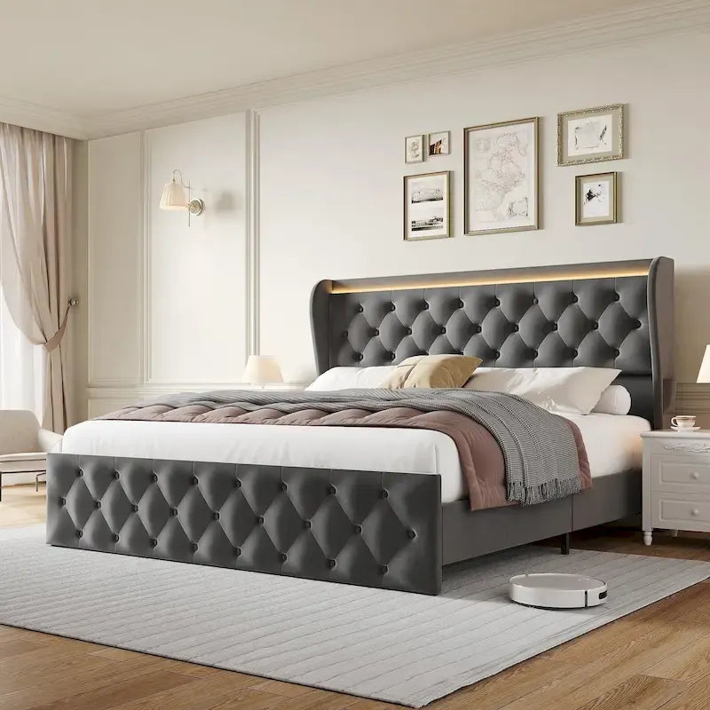 Struttura letto in velluto con testiera ad alette, illuminazione LED e stazione di ricarica – Matrimoniale / King Size, 2 posti letto