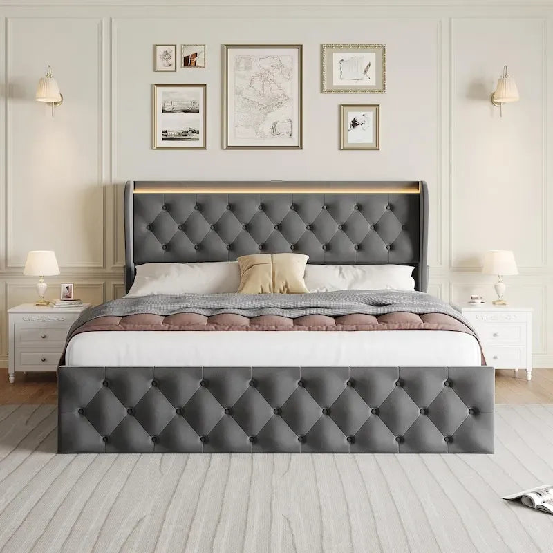 Struttura letto in velluto con testiera ad alette, illuminazione LED e stazione di ricarica – Matrimoniale / King Size, 2 posti letto