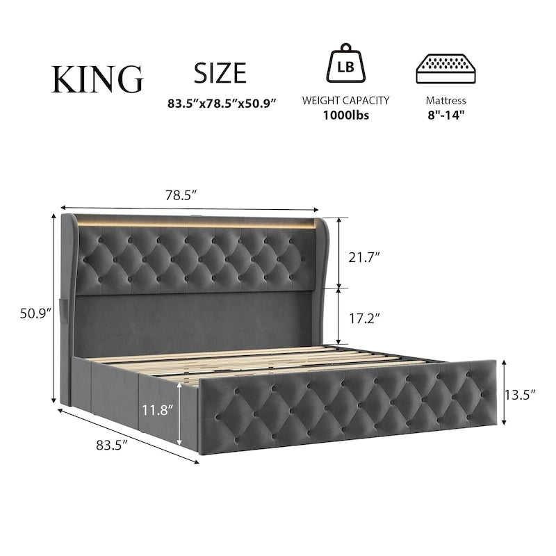 Struttura letto in velluto con testiera ad alette, illuminazione LED e stazione di ricarica – Matrimoniale / King Size, 2 posti letto