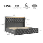 Struttura letto in velluto con testiera ad alette, illuminazione LED e stazione di ricarica – Matrimoniale / King Size, 2 posti letto