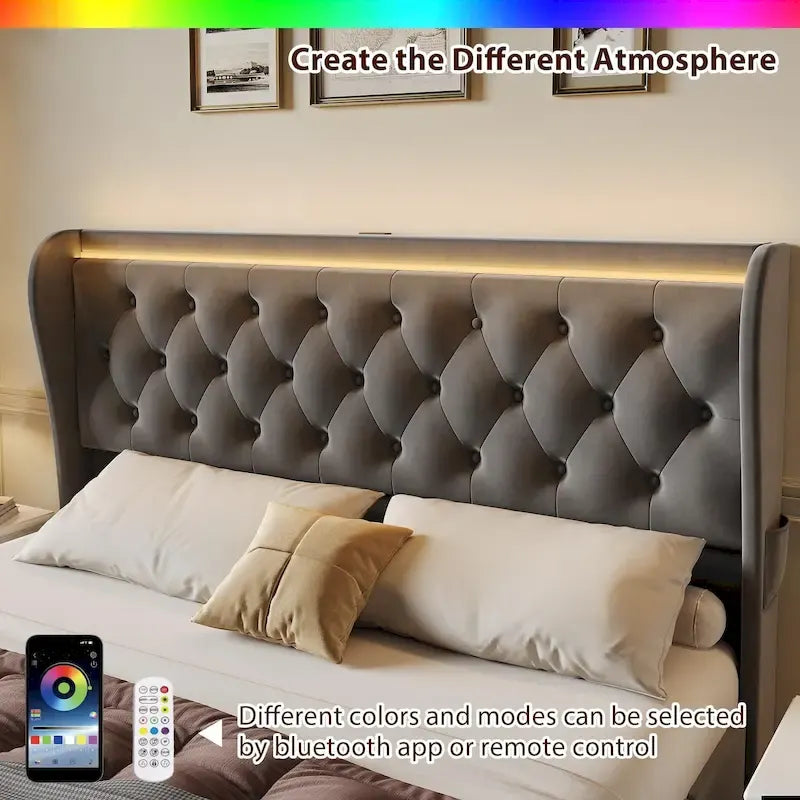 Struttura letto in velluto con testiera ad alette, illuminazione LED e stazione di ricarica – Matrimoniale / King Size, 2 posti letto