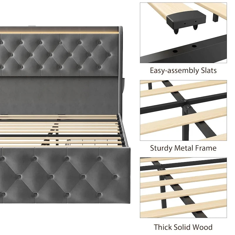 Struttura letto in velluto con testiera ad alette, illuminazione LED e stazione di ricarica – Matrimoniale / King Size, 2 posti letto