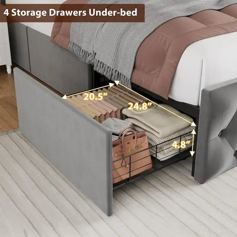 Struttura letto in velluto con testiera ad alette, illuminazione LED e stazione di ricarica – Matrimoniale / King Size, 2 posti letto