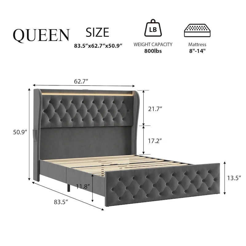 Struttura letto in velluto con testiera ad alette, illuminazione LED e stazione di ricarica – Matrimoniale / King Size, 2 posti letto