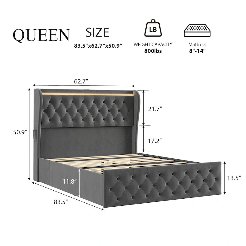 Struttura letto in velluto con testiera ad alette, illuminazione LED e stazione di ricarica – Matrimoniale / King Size, 2 posti letto