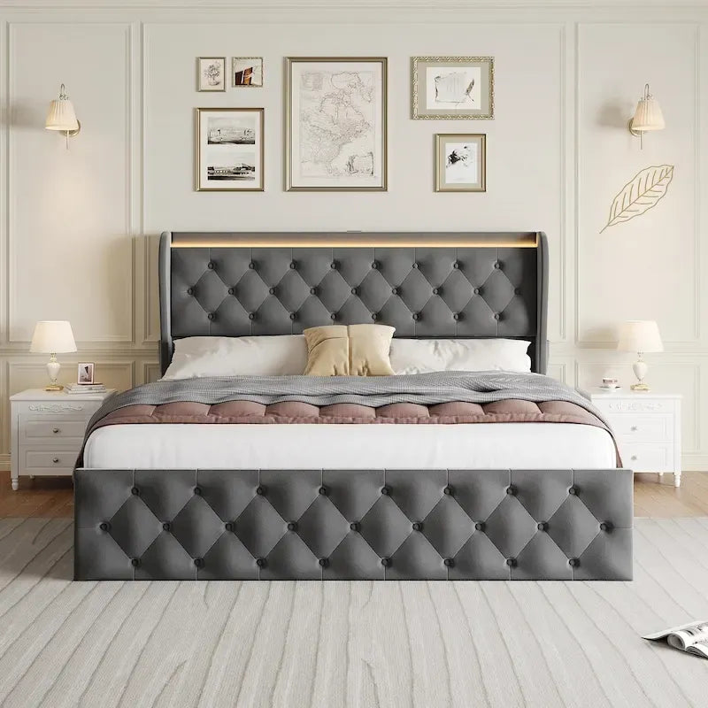 Struttura letto in velluto con testiera ad alette, illuminazione LED e stazione di ricarica – Matrimoniale / King Size, 2 posti letto