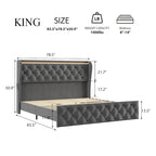Struttura letto in velluto con testiera ad alette, illuminazione LED e stazione di ricarica – Matrimoniale / King Size, 2 posti letto
