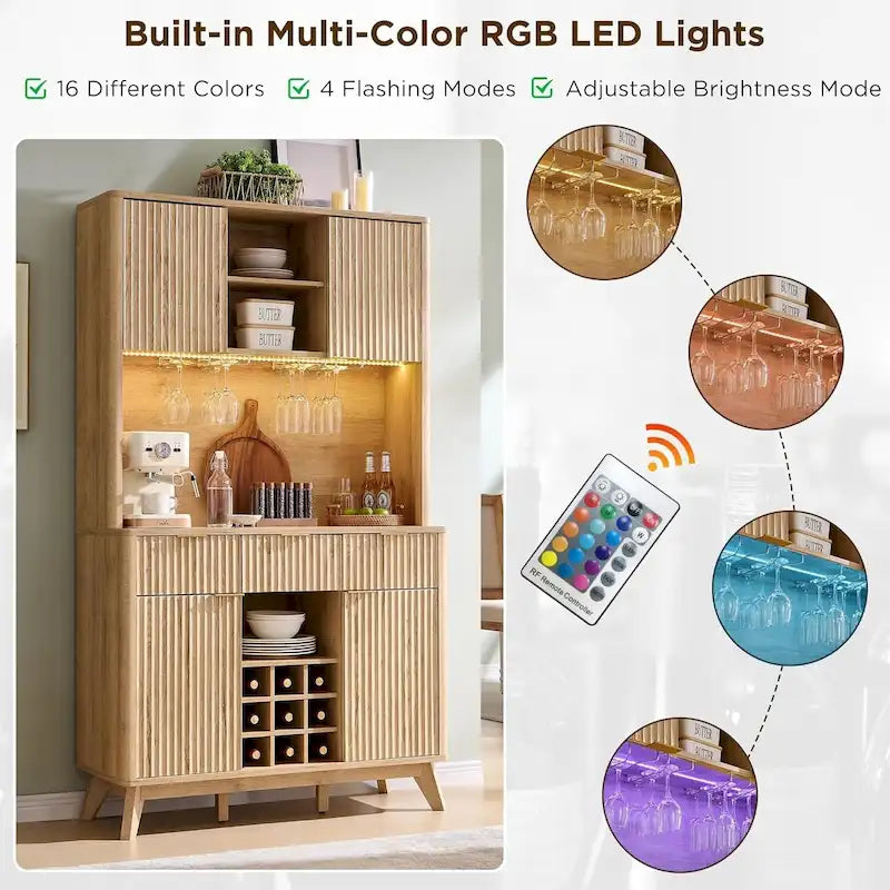 Mobile bar scanalato da 72 pollici con luci LED RGB, portabottiglie e stazione di ricarica – Quercia Naturale / Noce Scuro / Bianco Antico, Singolo