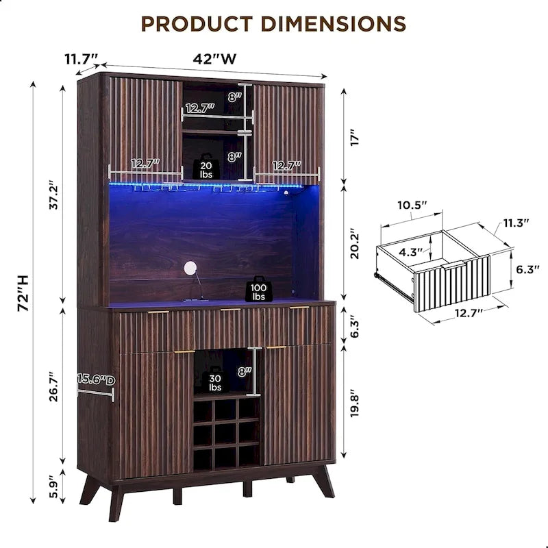 Mobile bar scanalato da 72 pollici con luci LED RGB, portabottiglie e stazione di ricarica – Quercia Naturale / Noce Scuro / Bianco Antico, Singolo