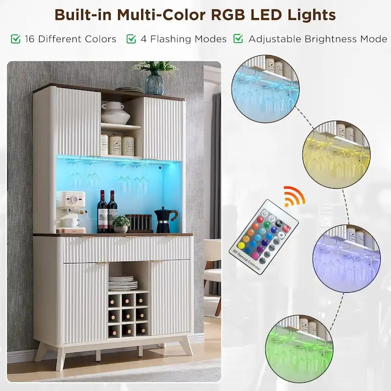 Mobile bar scanalato da 72 pollici con luci LED RGB, portabottiglie e stazione di ricarica – Quercia Naturale / Noce Scuro / Bianco Antico, Singolo