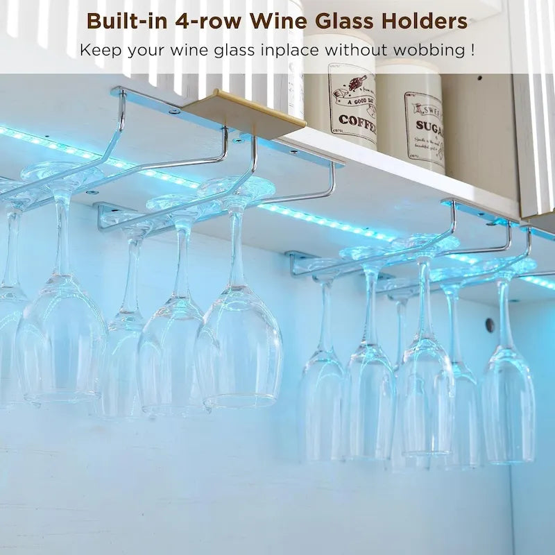 Mobile bar scanalato da 72 pollici con luci LED RGB, portabottiglie e stazione di ricarica – Quercia Naturale / Noce Scuro / Bianco Antico, Singolo