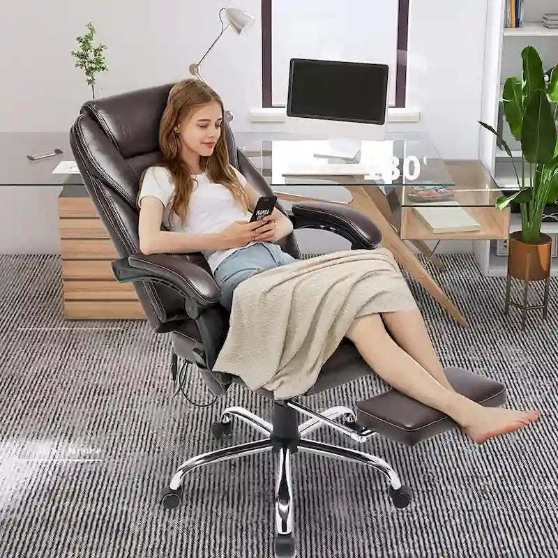 Sedia da ufficio direzionale riscaldata ergonomica con massaggio, poggiapiedi a scomparsa e pelle PU – Marrone / Nero / Giallo, Singola