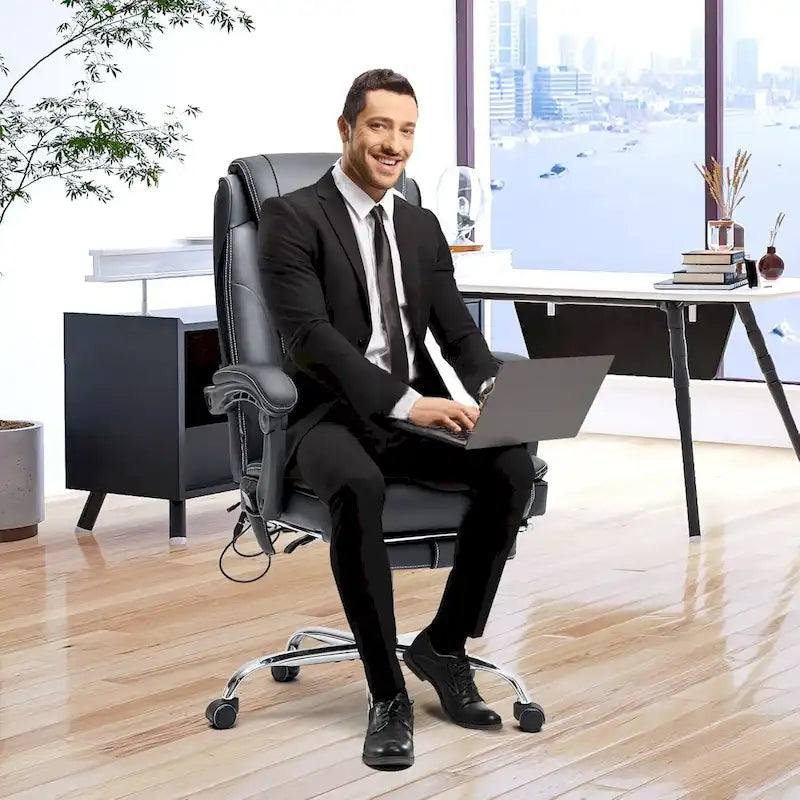 Sedia da ufficio direzionale riscaldata ergonomica con massaggio, poggiapiedi a scomparsa e pelle PU – Marrone / Nero / Giallo, Singola