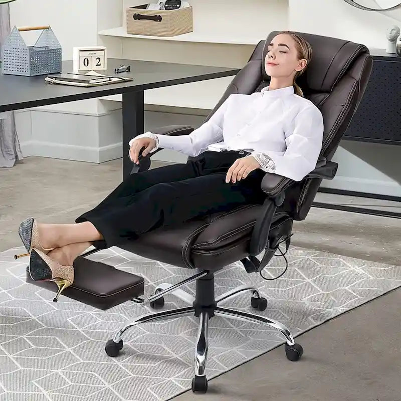 Sedia da ufficio direzionale riscaldata ergonomica con massaggio, poggiapiedi a scomparsa e pelle PU – Marrone / Nero / Giallo, Singola