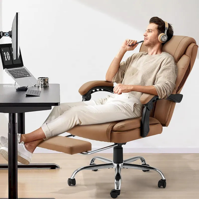 Sedia da ufficio direzionale riscaldata ergonomica con massaggio, poggiapiedi a scomparsa e pelle PU – Marrone / Nero / Giallo, Singola
