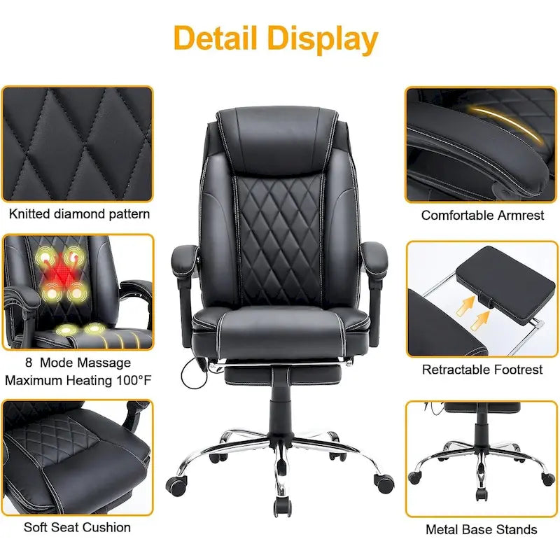 Sedia da ufficio direzionale riscaldata ergonomica con massaggio, poggiapiedi a scomparsa e pelle PU – Marrone / Nero / Giallo, Singola
