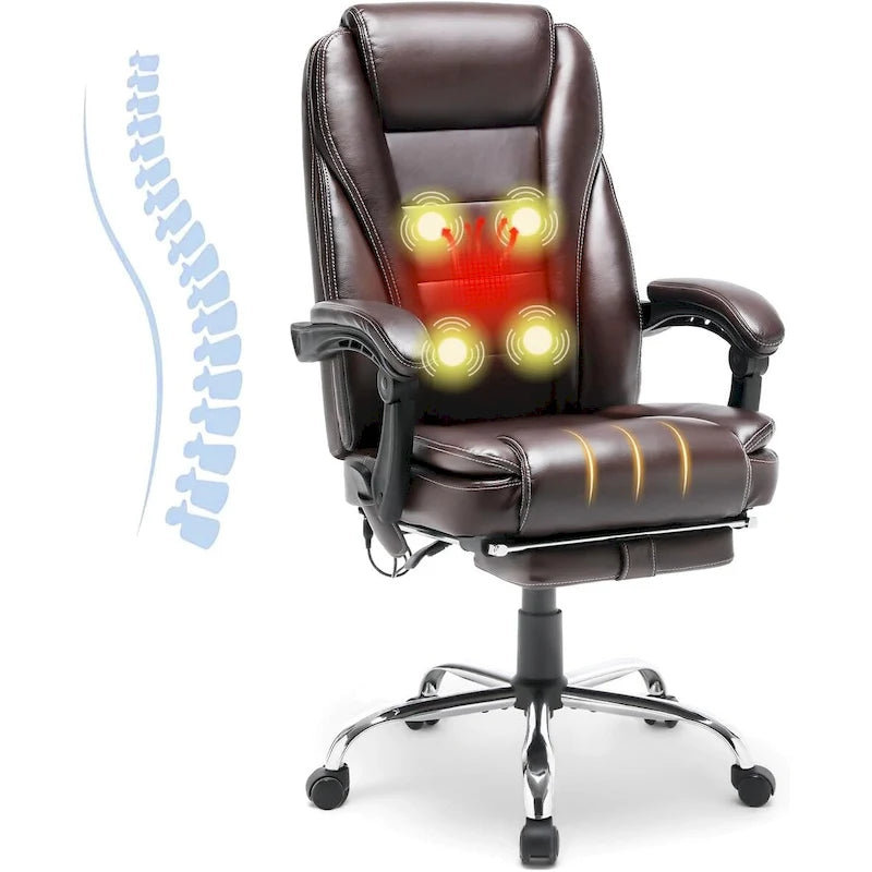 Sedia da ufficio direzionale riscaldata ergonomica con massaggio, poggiapiedi a scomparsa e pelle PU – Marrone / Nero / Giallo, Singola