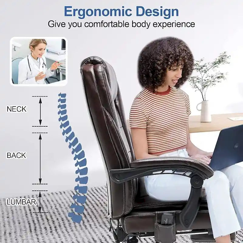 Sedia da ufficio direzionale riscaldata ergonomica con massaggio, poggiapiedi a scomparsa e pelle PU – Marrone / Nero / Giallo, Singola
