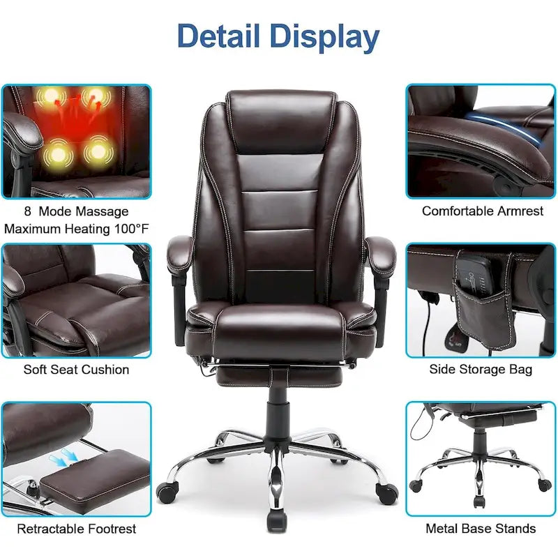 Sedia da ufficio direzionale riscaldata ergonomica con massaggio, poggiapiedi a scomparsa e pelle PU – Marrone / Nero / Giallo, Singola