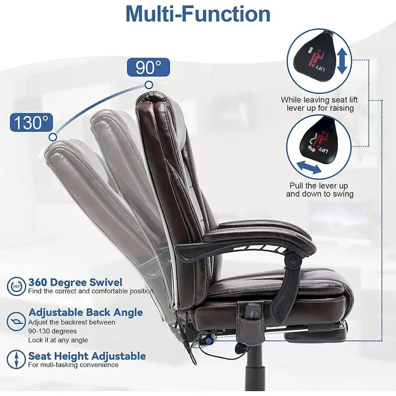 Sedia da ufficio direzionale riscaldata ergonomica con massaggio, poggiapiedi a scomparsa e pelle PU – Marrone / Nero / Giallo, Singola