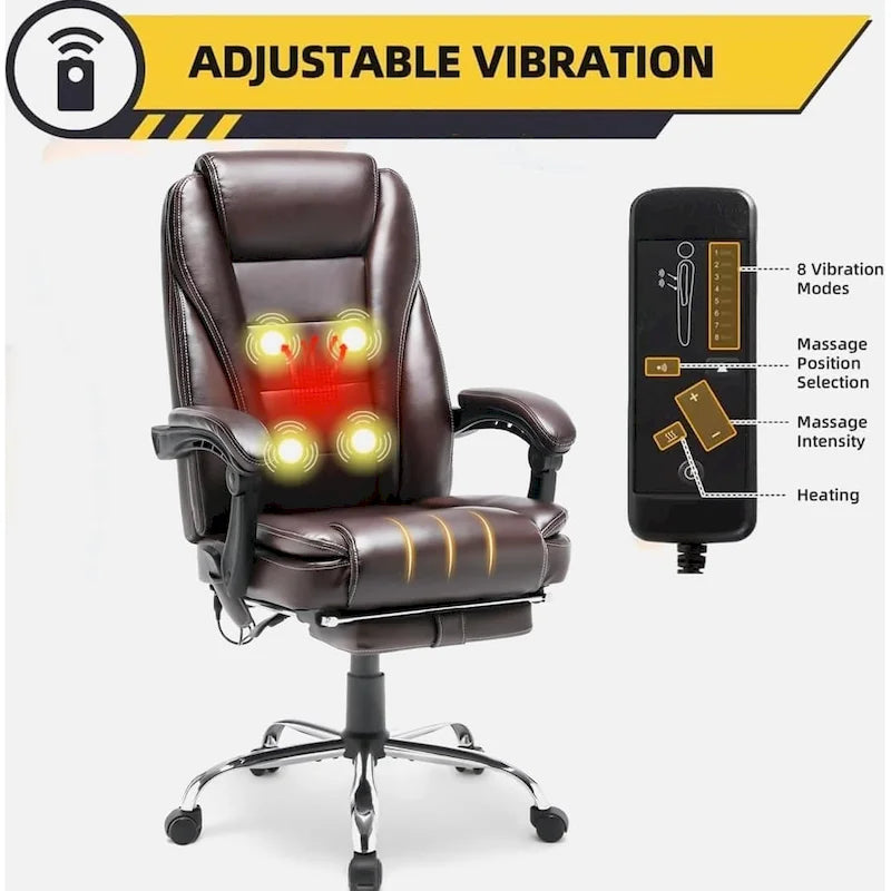 Sedia da ufficio direzionale riscaldata ergonomica con massaggio, poggiapiedi a scomparsa e pelle PU – Marrone / Nero / Giallo, Singola