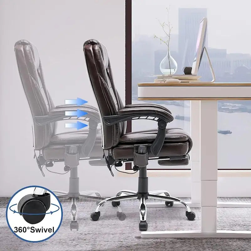 Sedia da ufficio direzionale riscaldata ergonomica con massaggio, poggiapiedi a scomparsa e pelle PU – Marrone / Nero / Giallo, Singola