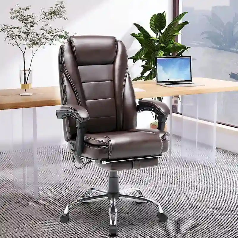 Sedia da ufficio direzionale riscaldata ergonomica con massaggio, poggiapiedi a scomparsa e pelle PU – Marrone / Nero / Giallo, Singola