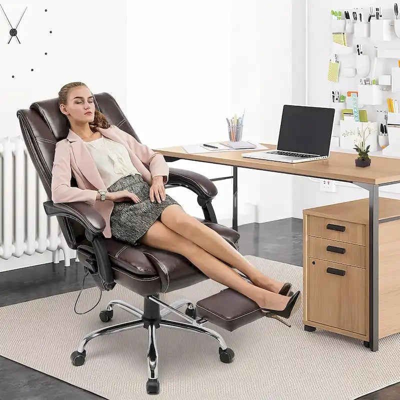 Sedia da ufficio direzionale riscaldata ergonomica con massaggio, poggiapiedi a scomparsa e pelle PU – Marrone / Nero / Giallo, Singola