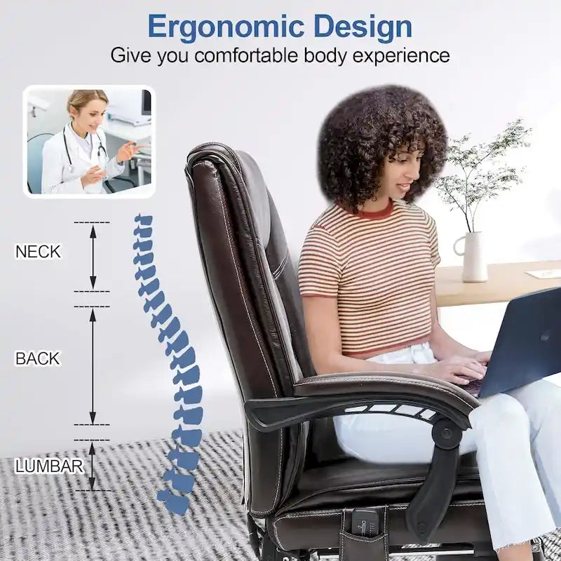 Sedia da ufficio direzionale riscaldata ergonomica con massaggio, poggiapiedi a scomparsa e pelle PU – Marrone / Nero / Giallo, Singola