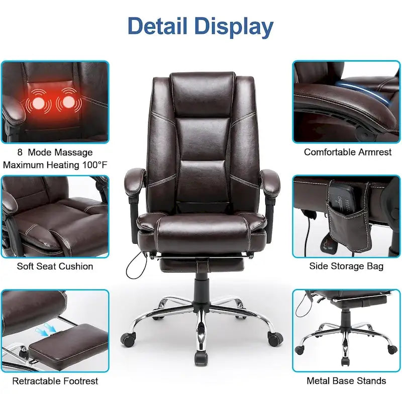 Sedia da ufficio direzionale riscaldata ergonomica con massaggio, poggiapiedi a scomparsa e pelle PU – Marrone / Nero / Giallo, Singola