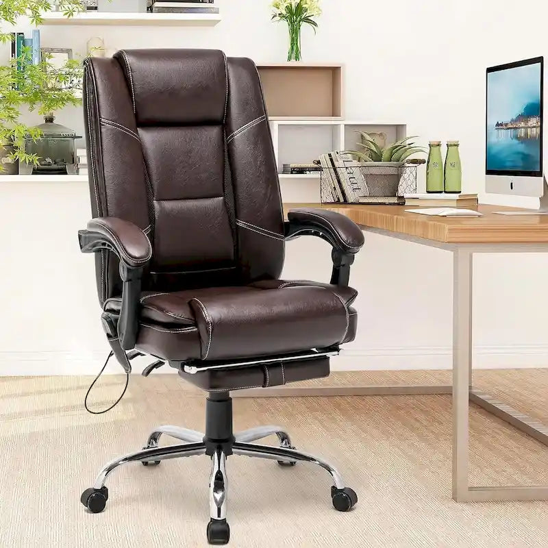 Sedia da ufficio direzionale riscaldata ergonomica con massaggio, poggiapiedi a scomparsa e pelle PU – Marrone / Nero / Giallo, Singola