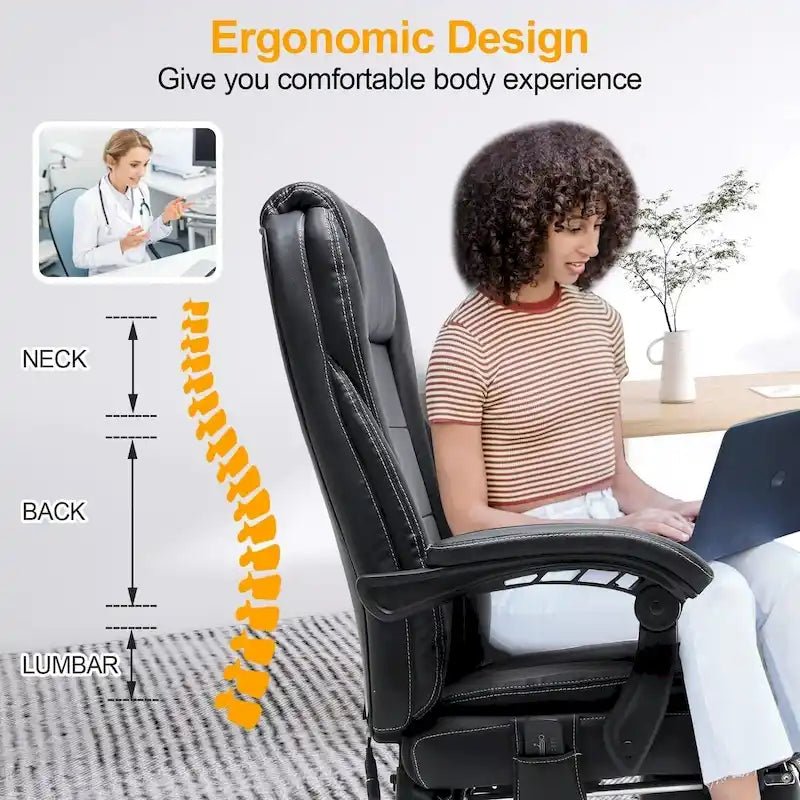 Sedia da ufficio direzionale riscaldata ergonomica con massaggio, poggiapiedi a scomparsa e pelle PU – Marrone / Nero / Giallo, Singola